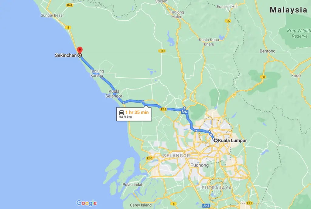 where is sekinchan, google maps, driving distance