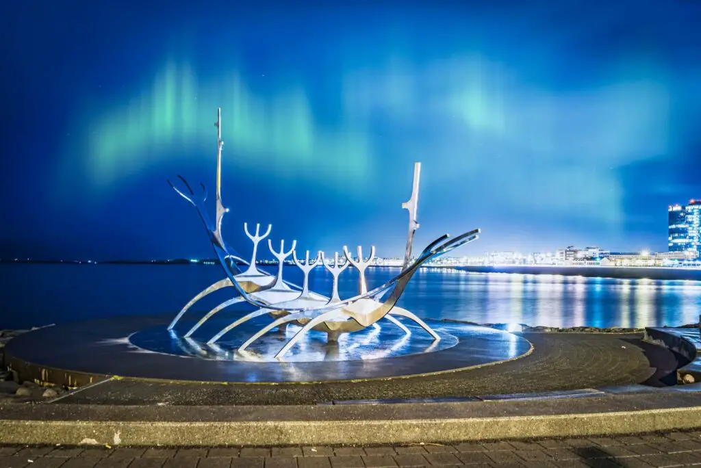 1 day in Reykjavik, Solfar with the northern lights in the sky. An image of the Sun Voyager in Reykjavik in Iceland.